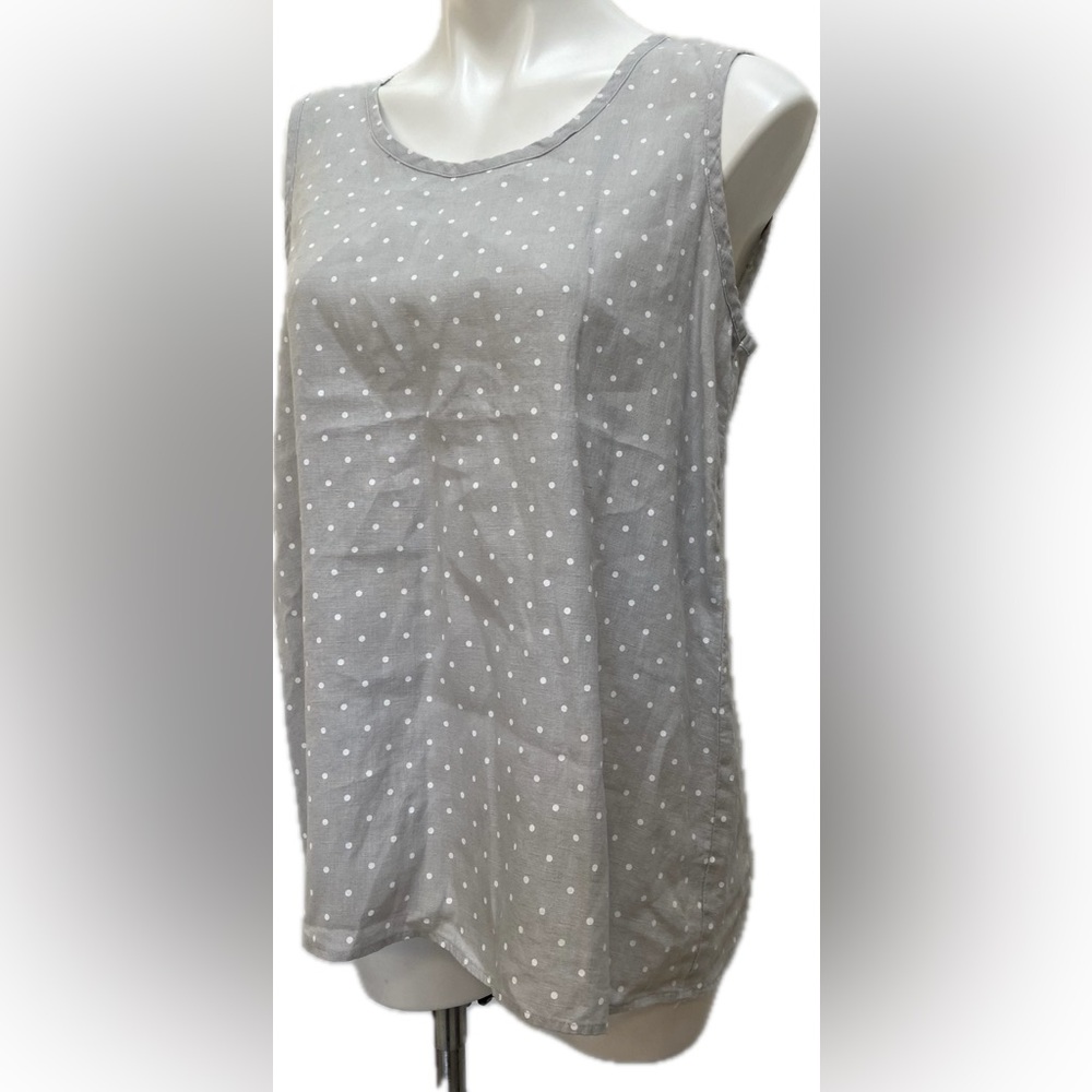 FLAX LINEN LIGHT GRAY WHITE POLKA DOT SLEEVELESS CREW NECK TANK TOP
